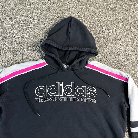 Adidas Originals Hoodie Womens S Black Cropped 3 Stripes Spellout Sweatshirt - Picture 3 of 11